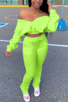 Fluorescent Green Sexy Long Sleeve Bateau Neck Off The Shoulder Regular Solid Two Pieces