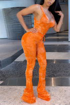 Orange Sexy Sleeveless U Neck Tank Regular Print Two Pieces
