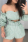 Green Sexy Long Sleeve Bateau Neck Off The Shoulder Short Striped Print Two Pieces