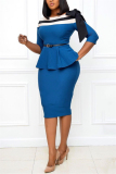 Blue Fashion Casual Three Quarter O Neck Pencil Skirt Knee Length Patchwork Dresses (Without Belt)