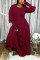 Wine Red OL Long Sleeves O neck Lantern skirt Ankle-Length Solid Dresses