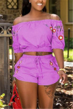 Purple Fashion Half Sleeve Bateau Neck Off The Shoulder Short Print Two Pieces