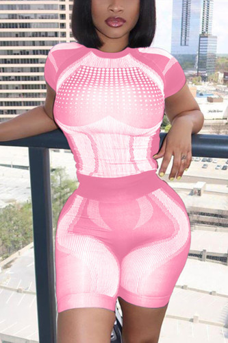 Pink Fashion adult Ma'am Street Geometric Patchwork Print Two Piece Suits pencil Short Sleeve Two Pieces