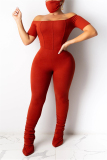 Orange Fashion Sexy Solid Short Sleeve one word collar Jumpsuits