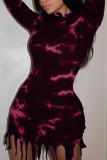 Purple Fashion Sexy Regular Sleeve Long Sleeve O Neck Printed Dress Mini Print Dresses
