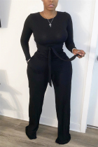 Black Fashion Casual adult Ma'am Patchwork Solid Two Piece Suits Straight Long Sleeve Two Pieces