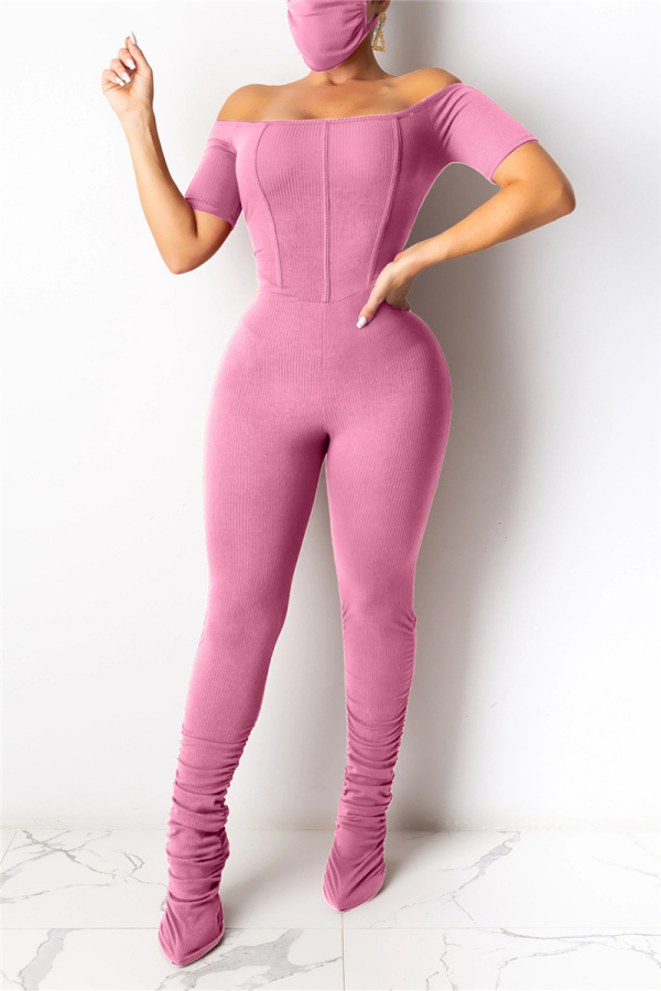 Pink Fashion Sexy Solid Short Sleeve one word collar Jumpsuits