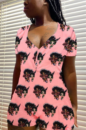 Pink Casual Print Short Sleeve V Neck Rompers