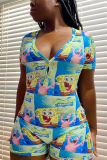 blue and yellow Casual Print Short Sleeve V Neck Rompers