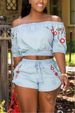 Yellow Fashion Half Sleeve Bateau Neck Off The Shoulder Short Print Two Pieces