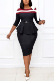 Black Fashion Casual Three Quarter O Neck Pencil Skirt Knee Length Patchwork Dresses (Without Belt)