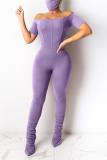 purple Fashion Sexy Solid Short Sleeve one word collar Jumpsuits