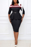 Black Fashion Casual Three Quarter O Neck Pencil Skirt Knee Length Patchwork Dresses (Without Belt)