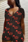 Black and red Casual Print Short Sleeve V Neck Jumpsuits