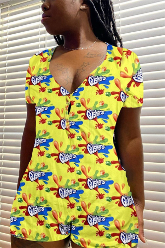 Yellow Casual Print Short Sleeve V Neck Rompers