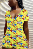 colour Casual Print Short Sleeve V Neck Rompers