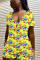 Yellow Casual Print Short Sleeve V Neck Jumpsuits