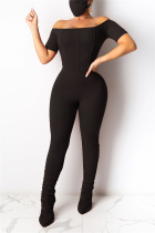 Black Fashion Sexy Solid Polyester Short Sleeve one word collar Jumpsuits