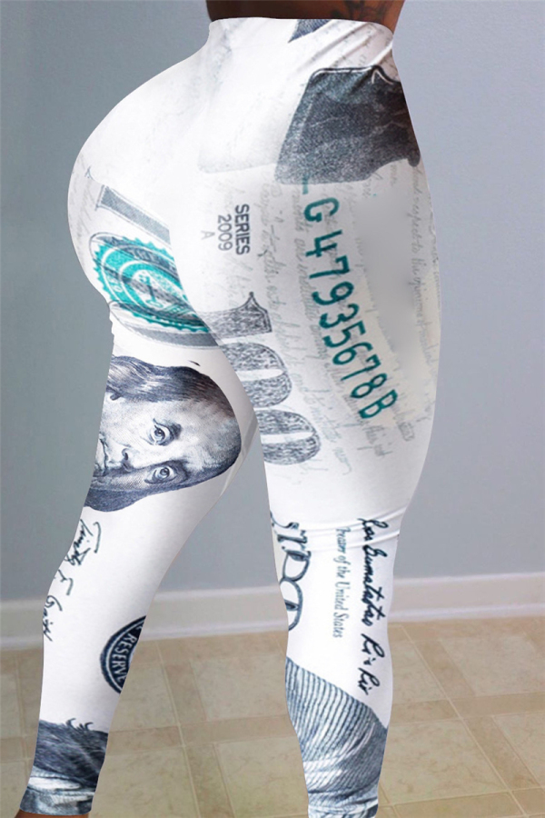 White Elastic Fly Mid Print Straight Pants Bottoms
