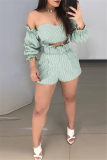 Green Sexy Long Sleeve Bateau Neck Off The Shoulder Short Striped Print Two Pieces