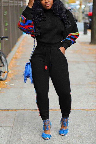 Black Fashion Casual Long Sleeve O Neck Regular Sleeve Regular Print Two Pieces