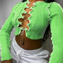 Green cardigan Long Sleeve Patchwork Solid Bandage crop top Tops