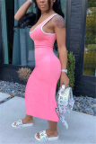 Pink Fashion Casual Sleeveless U Neck Vest Dress Ankle Length Solid Dresses