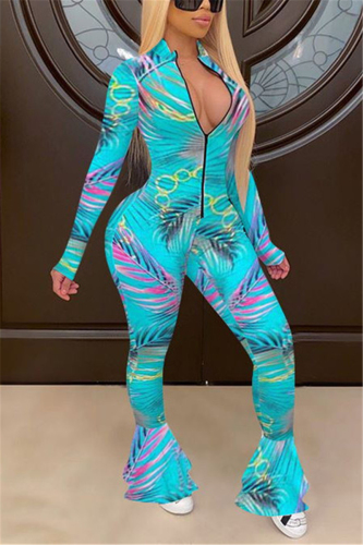 Lake Green Fashion Casual Print zipper Long Sleeve O Neck Jumpsuits