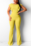 Yellow Fashion O Neck Short Sleeve Ruffle Sleeve Regular Solid Jumpsuits