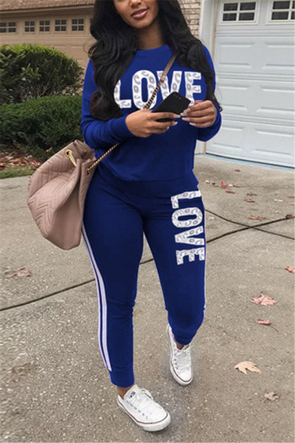 Blue Casual Striped Patchwork Solid pencil Long Sleeve Two Pieces