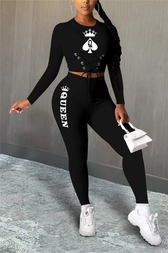 Black Fashion Casual adult Ma'am Patchwork Print Two Piece Suits pencil Long Sleeve Two Pieces