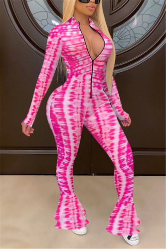 rose red Fashion Casual Print zipper Long Sleeve O Neck Jumpsuits