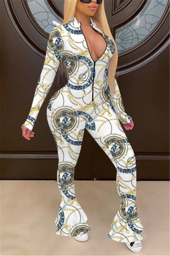 White Fashion Casual Print zipper Long Sleeve O Neck Jumpsuits
