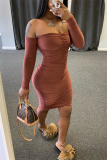 Brown Sexy Off The Shoulder 3/4 Length Sleeves Wrapped chest Step Skirt Knee-Length Solid Dresses