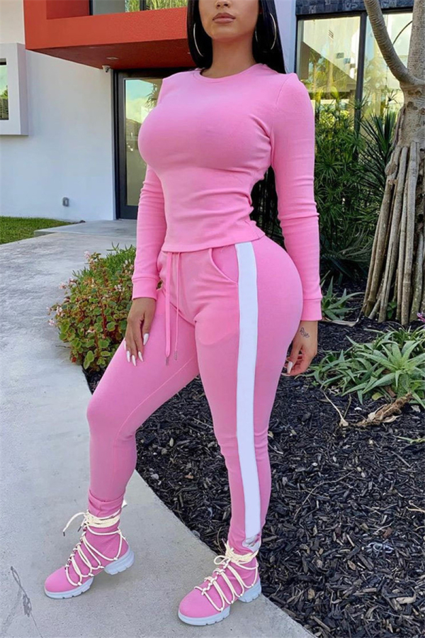 Pink Fashion Sexy adult Ma'am Patchwork Solid Two Piece Suits Straight Long Sleeve Two Pieces
