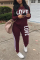 Wine Red Fashion Casual Long Sleeve O Neck Regular Letter Print Two Pieces