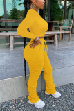 Yellow Fashion adult Ma'am Street Solid Draped Two Piece Suits pencil Long Sleeve Two Pieces