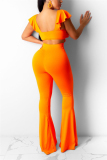 Orange Fashion O Neck Short Sleeve Ruffle Sleeve Regular Solid Jumpsuits
