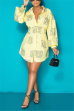 Yellow Fashion Regular Sleeve Long Sleeve Turndown Collar Shirt Dress Mini Print Dresses