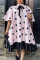 Pink Casual Flare Sleeve Half Sleeve Mandarin Collar Printed Dress Mid Calf Dot Print Dresses