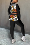 Black Fashion Casual adult Ma'am Patchwork Print Two Piece Suits pencil Long Sleeve Two Pieces