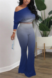 Blue Casual Solid Gradient Loose Long Sleeve Two Pieces