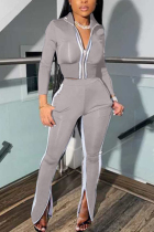 Gray Casual Sportswear Long Sleeve Zipper Collar Regular Sleeve Short Patchwork Two Pieces