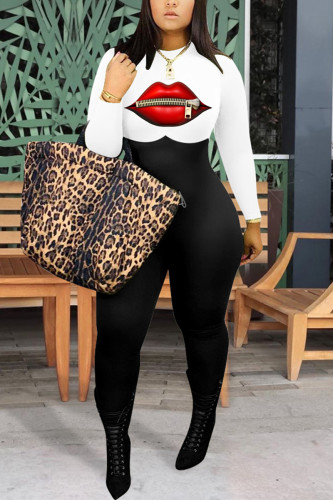 White Fashion street Print Lip Milk. Long Sleeve O Neck Jumpsuits