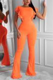 Orange Fashion O Neck Short Sleeve Ruffle Sleeve Regular Solid Jumpsuits