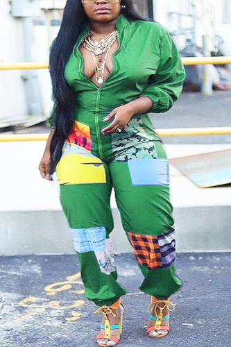 Green Chemical fiber blend Sexy zipper Leopard Print Camouflage Zippered Zipper Plus Size 