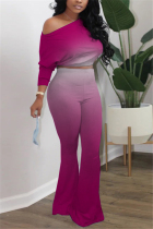 fuchsia Casual Solid Gradient Loose Long Sleeve Two Pieces
