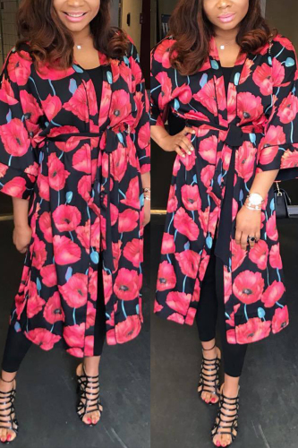 Red Fashion Casual Half Sleeve Regular Sleeve Print Coats