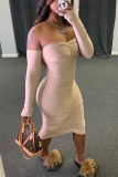 Cream white Sexy Off The Shoulder 3/4 Length Sleeves Wrapped chest Step Skirt Knee-Length Solid Dresses