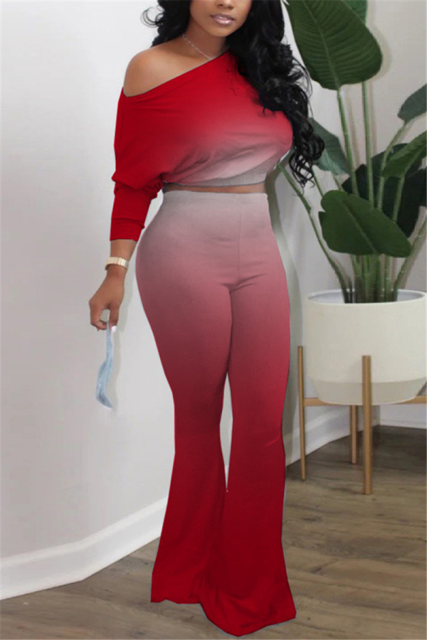 Red Casual Solid Gradient Loose Long Sleeve Two Pieces